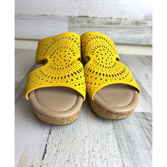 Cato Women's 11 Comfort Goldenrod Cork Wedge Slip-On Laser Cut Summer Sandals - Picture 3 of 9